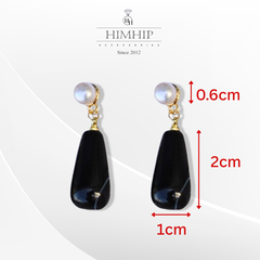 Khuyên Tai Ngắn HimHip Dáng Dài Sang Trọng HKCC Mix Trai Thật 6ly, Đá Mã Não 2x1cm
