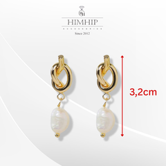 Khuyên Tai Ngắn HimHip Xoắn Vòng Vàng Sang Trọng HKCC Phối Hạt Trai Thật 3.2cm