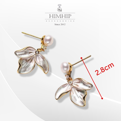 Khuyên Tai Ngắn HimHip Mặt Hoa 3 Cánh Thanh Lịch HKCC Đính Phale, Ngọc Trai Thật 2.8cm