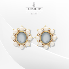 Khuyên Tai Ngắn HimHip Mặt Hoa Sang Trọng HKCC Đính Đá Phale, Ngọc Trai 2.1x1.9cm