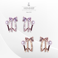 Khuyên Tai Nụ HimHip Vòng Xoắn Thắt Nơ Sang Trọng HKCC Đính Phale, Ngọc Trai 1.2x1.5cm