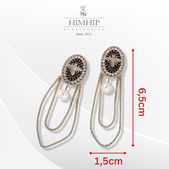 Khuyên Tai Dài HimHip Mặt Oval Ong Phối Tua Rua Cổ Điển HKCC Đính Phale 1.5x6.5cm