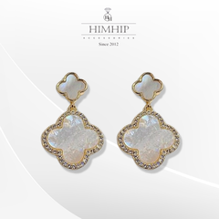 Khuyên tai hợp kim cao cấp hoa 4 cánh khảm trai quý phái