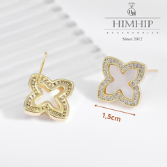 Khuyên Tai Nụ HimHip Cỏ 4 Lá May Mắn HKCC Đính Phale, Khảm Trai 1.5x1.5cm