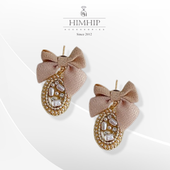 Khuyên Tai Ngắn HimHip Mặt Oval Đá Thắt Nơ Sang Trọng HKCC Mix Ngọc Trai 2x3cm