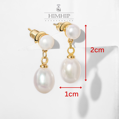 Khuyên Tai Ngắn HimHip Dáng Thả Sang Trọng HKCC Mix Ngọc Trai Thật 1x2cm