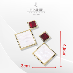 Khuyên Tai Bản To HimHip Mặt Thoi Đỏ Quý Phái HKCC Mix Khảm Trai 3*4.5 cm