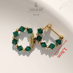 Khuyên Tai Ngắn HimHip Vòng Tròn Xanh Lá Thanh Lịch HKCC Đính Đá 0.4x1.5cm