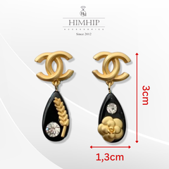 Khuyên tai hợp kim cao cấp cnel giọt nước đen sang trọng 1.3*3cm
