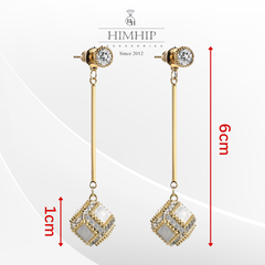 Khuyên Tai Dài HimHip Sợi Mảnh Phối Mặt Lập Phương Thanh Lịch HKCC Đính Phale 1x6cm