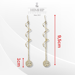 Khuyên Tai Dài HimHip Sợi Xoắn Phối Quả Cầu Quý Phái HKCC Đính Phale 9.5x1cm