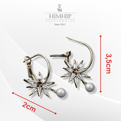 Khuyên Tai Ngắn HimHip Ngôi Sao Đôi Thanh Lịch HKCC Đính Phale, Ngọc Trai 2*3.5cm