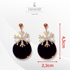 Khuyên Tai Bản To HimHip Mặt Tròn Đen Phối Bông Tuyết Sang Trọng HKCC Đính Phale 2.3x4.5cm