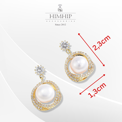 Khuyên Tai Ngắn HimHip Vòng Xoắn Thanh Lịch HKCC Đính Phale, Tinh Thể Ngọc Trai 1.3x2.3cm