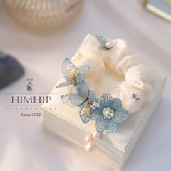 Scrunchies HimHip Phối Vải Voan Đính Hoa Xanh Thả Trai Thanh Lịch 11cm