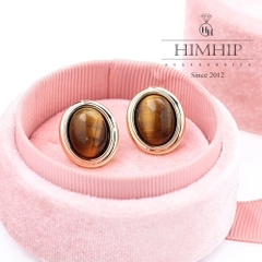 Khuyên Tai Nụ HimHip Mặt Đá Nâu Viền Vàng Sang Trọng HKCC Đính Đá 1.5x1.5cm
