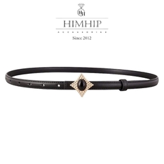Dây Lưng HimHip Da Thật Luồn Trong Mặt Hình Thoi Đính Phale Đen Sang Trọng 1.5x100cm