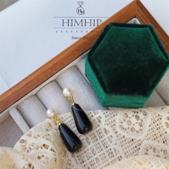 Khuyên Tai Ngắn HimHip Dáng Dài Sang Trọng HKCC Mix Trai Thật 6ly, Đá Mã Não 2x1cm