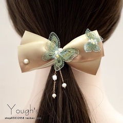 Kẹp Bối, Búi Lưới HimHip Mix Ngọc Trai Thật Nơ Nâu Nhạt Phối Bướm Thanh Lịch 12cm