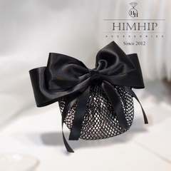 Kẹp Bối, Búi Lưới HimHip Phối Vải Trơn Nơ Đen Tua Rua Thanh Lịch 13cm
