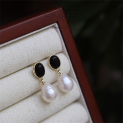Khuyên Tai Ngắn HimHip Mặt Oval Đá Đen Sang Trọng HKCC Đính Đá, Trai Thật 0.8x1cm-1x1.2cm