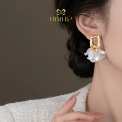 Khuyên Tai Ngắn HimHip HKCC Bạch Hoa Kim Khung 3.5x3,5cm