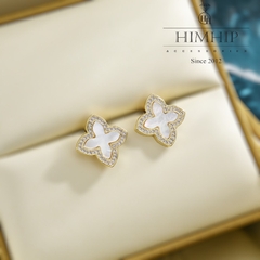 Khuyên Tai Nụ HimHip Cỏ 4 Lá May Mắn HKCC Đính Phale, Khảm Trai 1.5x1.5cm