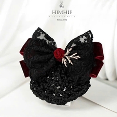 Kẹp Bối, Búi Lưới HimHip Phối Vải Nhung Nơ Đen Charm Hoa Hồng Tiểu Thư Sang Trọng 13x8cm