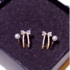 Khuyên Tai Nụ HimHip Vòng Xoắn Thắt Nơ Sang Trọng HKCC Đính Phale, Ngọc Trai 1.2x1.5cm