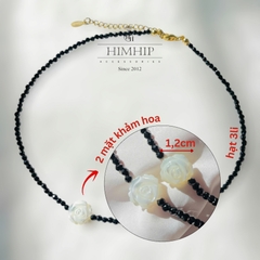 Choker HimHip Phale Đen 3ly Phối Mặt Hoa Hồng Khảm Trai Sang Trọng 32+7cm HPBD