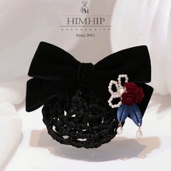 Kẹp Bối, Búi Lưới HimHip Đính Hạt Giả Trai Nơ Đen Mix Hoa Hồng Nhỏ Sang Trọng 14cm