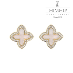 Khuyên Tai Nụ HimHip Cỏ 4 Lá May Mắn HKCC Đính Phale, Khảm Trai 1.5x1.5cm