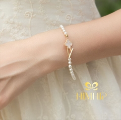 Vòng Cổ HimHip Tinh Thể Ngọc Trai 4 ly Mặt Khóa HKCC Mix Khảm Hình Hoa 4 Cánh May Mắn