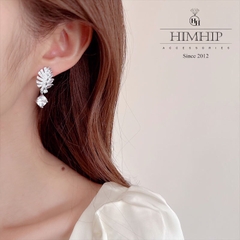 Khuyên Tai Ngắn HimHip Mặt Hình Lông Vũ Sang Trọng HKCC Đính Phale 3x1.5cm