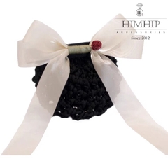 Kẹp Bối, Búi Lưới HimHip Phối Vải Voan Nơ Trắng Dây Dài Charm Hoa Hồng Thanh Lịch 13.5cm