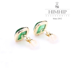Khuyên Tai Nụ HimHip Mặt Vuông Đá Vân Xanh Sang Trọng HKCC Đính Đá 1.5cm