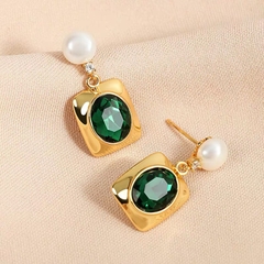 Khuyên Tai Ngắn HimHip Mặt Vuông Xanh Sang Trọng HKCC Mix Ngọc Trai Thật 1x2.5cm