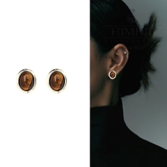 Khuyên Tai Nụ HimHip Mặt Đá Nâu Viền Vàng Sang Trọng HKCC Đính Đá 1.5x1.5cm