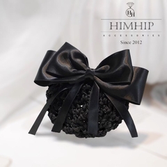 Kẹp Bối, Búi Lưới HimHip Phối Vải Trơn Nơ Đen Tua Rua Thanh Lịch 13cm