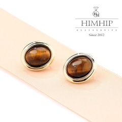 Khuyên Tai Nụ HimHip Mặt Đá Nâu Viền Vàng Sang Trọng HKCC Đính Đá 1.5x1.5cm