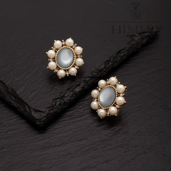 Khuyên Tai Ngắn HimHip Mặt Hoa Sang Trọng HKCC Đính Đá Phale, Ngọc Trai 2.1x1.9cm