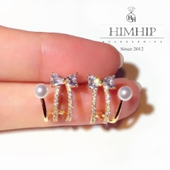 Khuyên Tai Nụ HimHip Vòng Xoắn Thắt Nơ Sang Trọng HKCC Đính Phale, Ngọc Trai 1.2x1.5cm