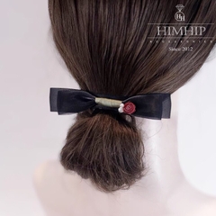 Kẹp Bối, Búi Lưới HimHip Đính Hạt Giả Trai Nơ Đen Charm Hoa Hồng Thanh Lịch 12cm