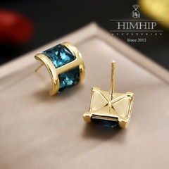 Khuyên Tai Nụ HimHip Mặt Vuông Xanh Dương Sang Trọng HKCC Đính Phale 1x1.1x1.6cm