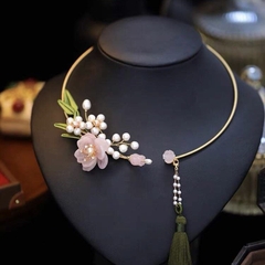 Kiềng Cổ HimHip Hạt Giả Trai Mix Đá Thạch Anh Xuân Hoa Ngọc Nữ Sang Trọng 15cm Phụ Kiện Áo Dài - Xanh Lục