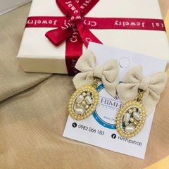 Khuyên Tai Ngắn HimHip Mặt Oval Đá Thắt Nơ Sang Trọng HKCC Mix Ngọc Trai 2x3cm