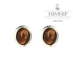 Khuyên Tai Nụ HimHip Mặt Đá Nâu Viền Vàng Sang Trọng HKCC Đính Đá 1.5x1.5cm