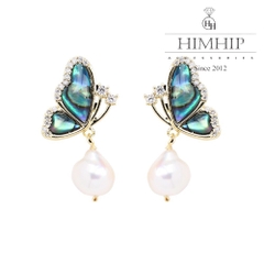 Khuyên Tai Ngắn HimHip Bướm Vân Xanh Sang Trọng HKCC Mix Ngọc Trai Dị 2.8x1cm Phụ Kiện Áo Dài