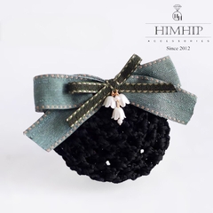 Kẹp Bối, Búi Lưới HimHip Mix Hạt Giả Trai Nơ Xanh Đính Hoa Chuông Thanh Lịch 13cm