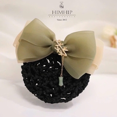 Kẹp Bối, Búi Lưới HimHip Phối Vải Voan Nơ Xanh Charm Trúc Tiểu Thư Thanh Lịch 13x8cm